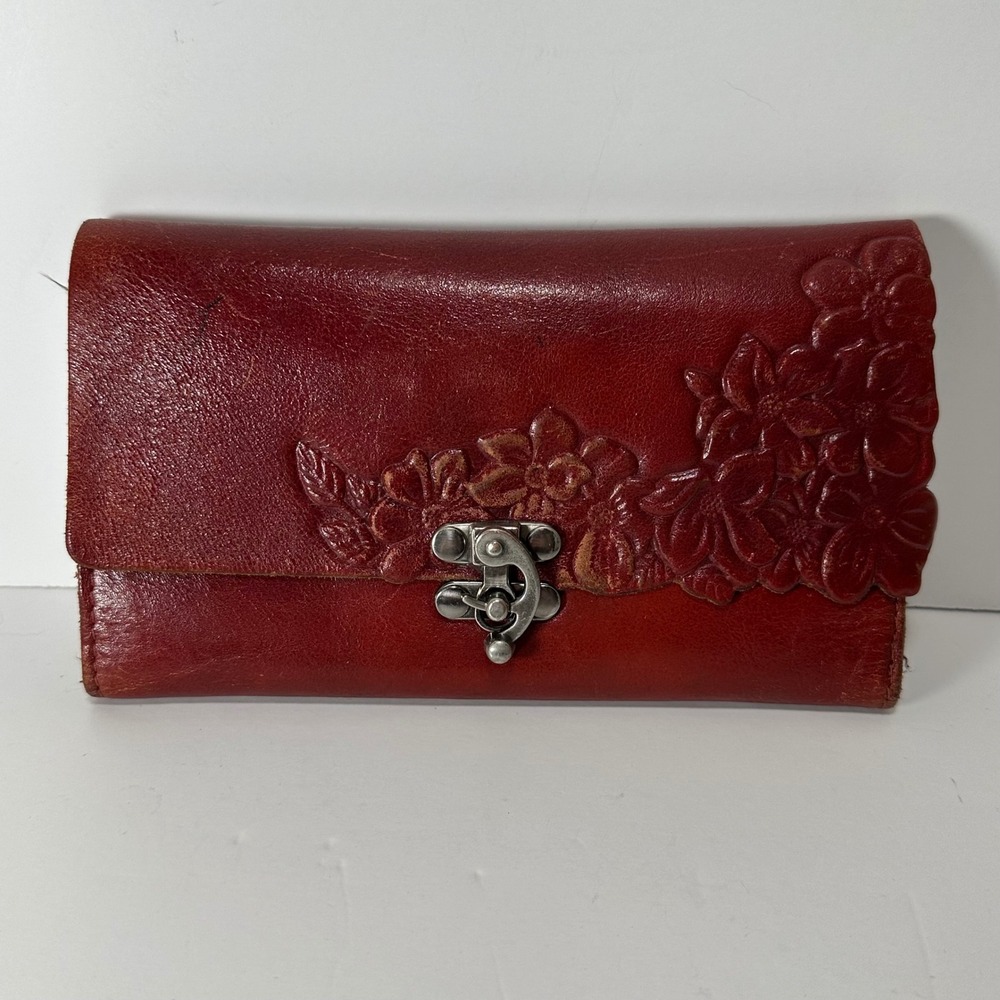 Patricia Nash Red Leather Tooled Floral Tri-Fold Wallet with Toggle Clasp